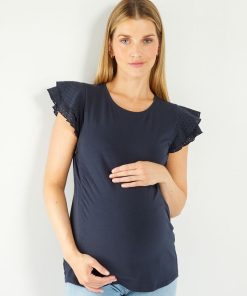 Tee-shirt d'allaitement à manches volantées - bleu marine