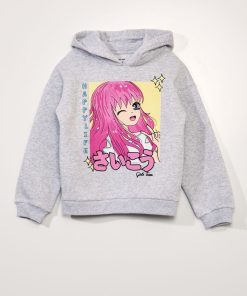 Sweat à capuche imprimé manga - Gris