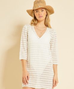 Robe de plage mi-longue en crochet - Blanc crème