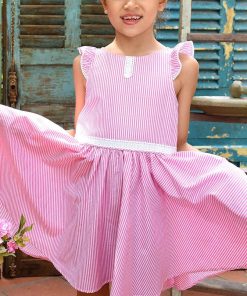 Robe Qui Tourne  Fines Rayures Rose HEPBURN - 'LA FAUTE A VOLTAIRE' - Rose