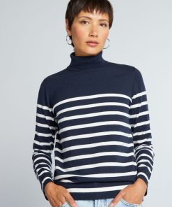Pull en maille légère à col montant - Bleu marine/blanc