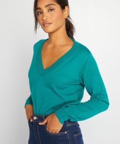 Pull en maille à col V - Vert