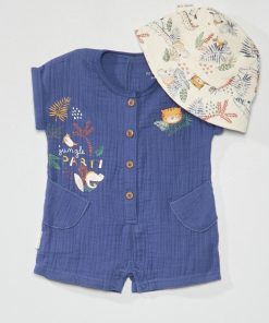 Combishort + chapeau en gaze de coton 'Petit Beguin' - bleu/écru