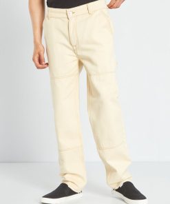 Jean large avec surpiqures contrastantes - Beige