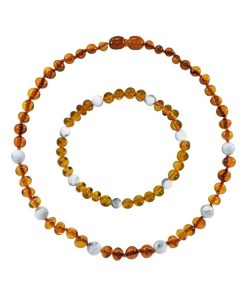 Box bracelet adulte et collier bébé - Ambre et pierres naturelles - Ambre Cognac / Howlite - Marron