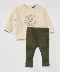 Ensemble sweat imprimé + legging côtelé - Vert