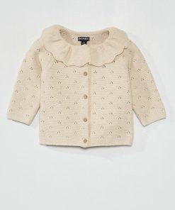 Gilet tricot à collerette et maille fantaisie - Beige