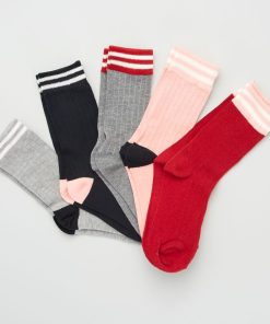 Lot de 5 paires de chaussettes avec bandes contrastantes - Rose