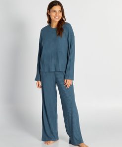 Ensemble pyjama côtelé t-shirt + pantalon - 2 pièces - Bleu