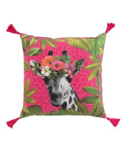 Coussin pompons Girafe en fleurs - Rose
