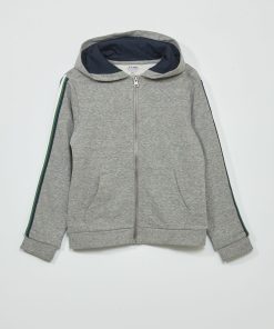 Sweat à capuche et bande tricolore - Gris chiné