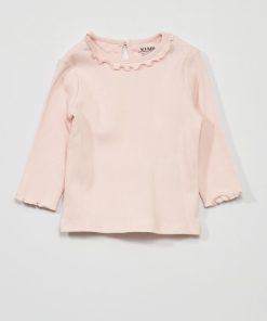 T-shirt en maille côtelée col volanté - rose