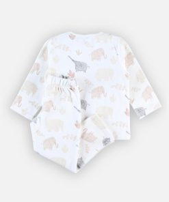 Pyjama 2 pièces imprimés éléphants en velours, écru/caramel - Blanc