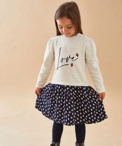 Robe bi-matière, marine/beige chiné - Blanc