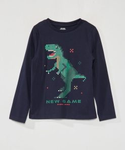 T-shirt manches longues 'dinosaure pixel' - Bleu