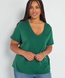 T-shirt en jersey à col V - Vert