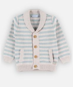 Cardigan tricot rayé, beige/sauge - Gris