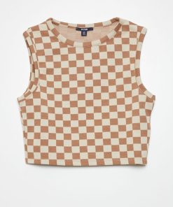 T-shirt crop top sans manches - Beige