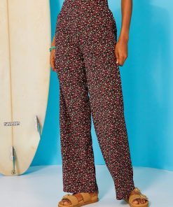 Pantalon wide leg à motifs - Noir/rose fleuri