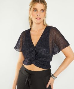 Top court en maille plissée - Bleu marine