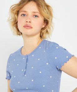 T-shirt côtelé imprimé - Bleu