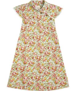 Robe Chinoise Fleurie Verte Fille col Mao ANNAM - 'LA FAUTE A VOLTAIRE' - Vert d'eau