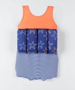 Maillot bouée à imprimé étoile de mer, marine/orange - Bleu