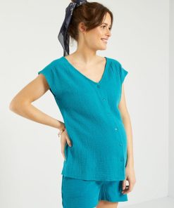 Chemisier grossesse en gaze de coton - Bleu canard