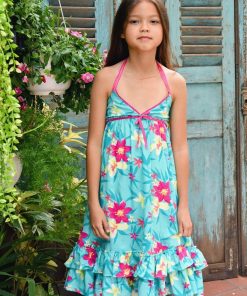 Robe longue fleurs Hawaï  TAHITI - 'LA FAUTE A VOLTAIRE' - Bleu turquoise