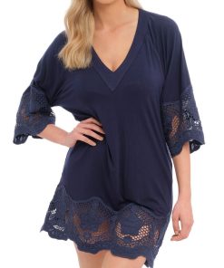 Robe de plage tunique avec guipure Dione - Bleu
