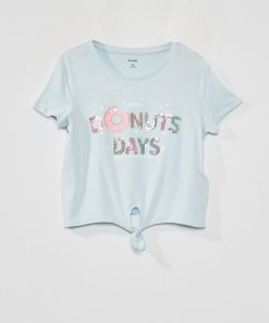 Tee-shirt noué avec imprimé sequins - Bleu ciel