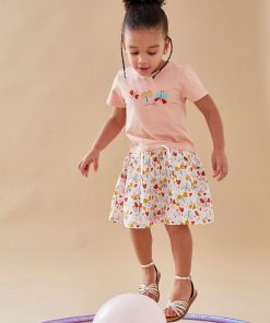 Robe bi-matière à manches courtes, multicolore - Rose