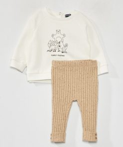 Ensemble sweat imprimé + legging côtelé - Beige