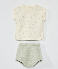 T-shirt + culotte en maille - 2 pièces - Blanc/gris vert