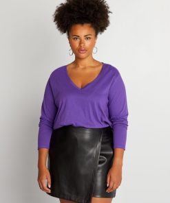 Tee-shirt basique manches longues et col V - Violet