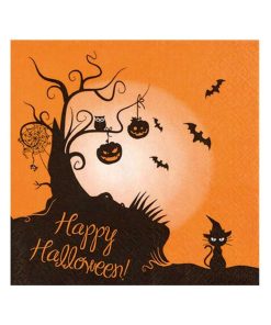 Lot de 20 serviettes en papier Chat halloween - Orange