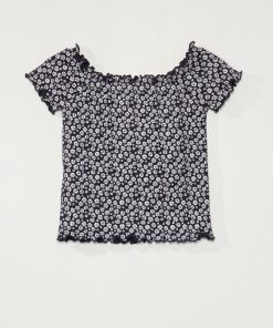 T-shirt 'fleuri' en maille côtelée - Bleu marine